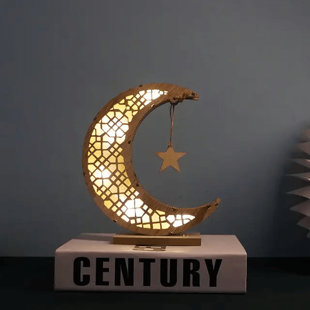 3D Wooden Crescent Moon & Star LED Light - eRayyan
