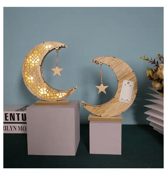 3D Wooden Crescent Moon & Star LED Light - eRayyan
